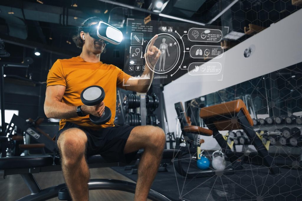 Fitness enthusiast using VR headset to monitor health and exercise data during a workout.